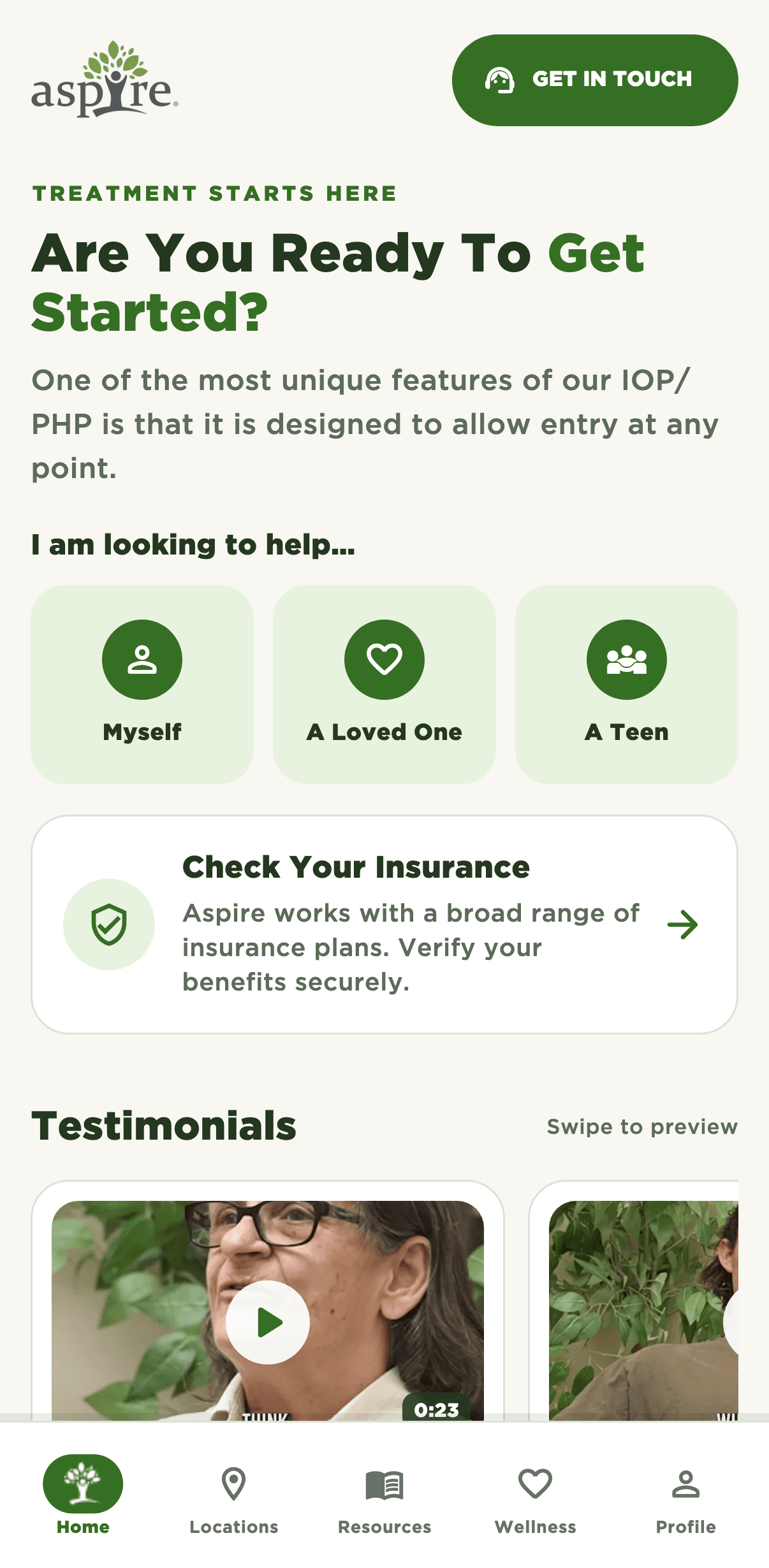 Aspire app home screen with treatment information, insurance verification, and navigation to locations, resources, and wellness tools